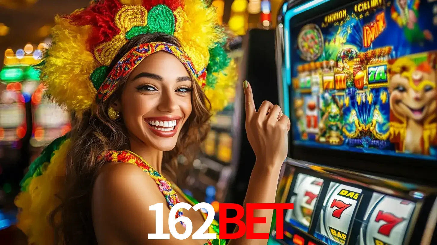 Mulher animada com um cocar de carnaval apontando para uma máquina de caça-níqueis, mostrando a emoção de ganhar um grande prêmio nos jogos do 162BET.