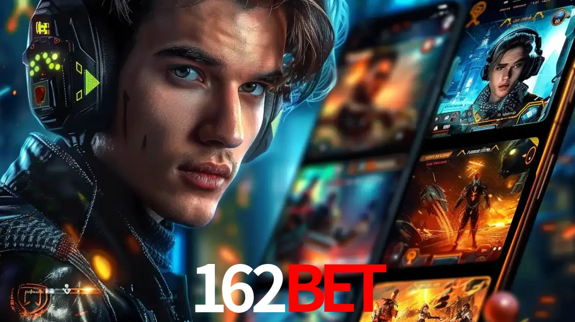 Jovem jogador com fones de ouvido olhando para a câmera, com um aplicativo de jogos e e-sports para celular ao fundo, pronto para a competição e apostas no 162BET.