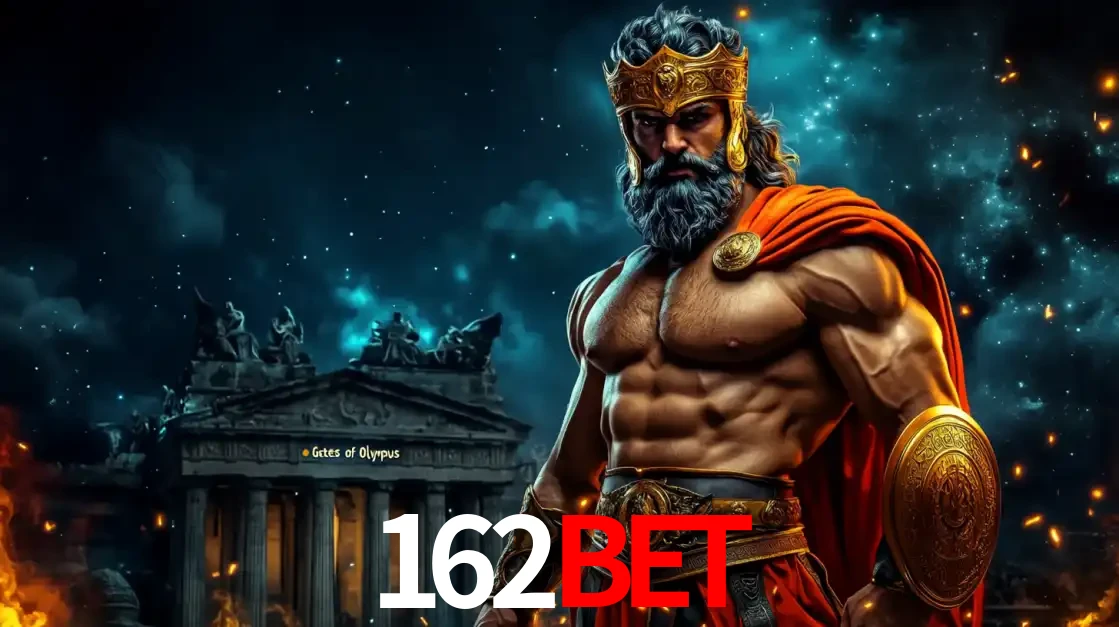 O poderoso Zeus do jogo de slot Gates of Olympus em frente ao seu templo, pronto para lançar multiplicadores divinos e prêmios épicos no cassino online 162BET.