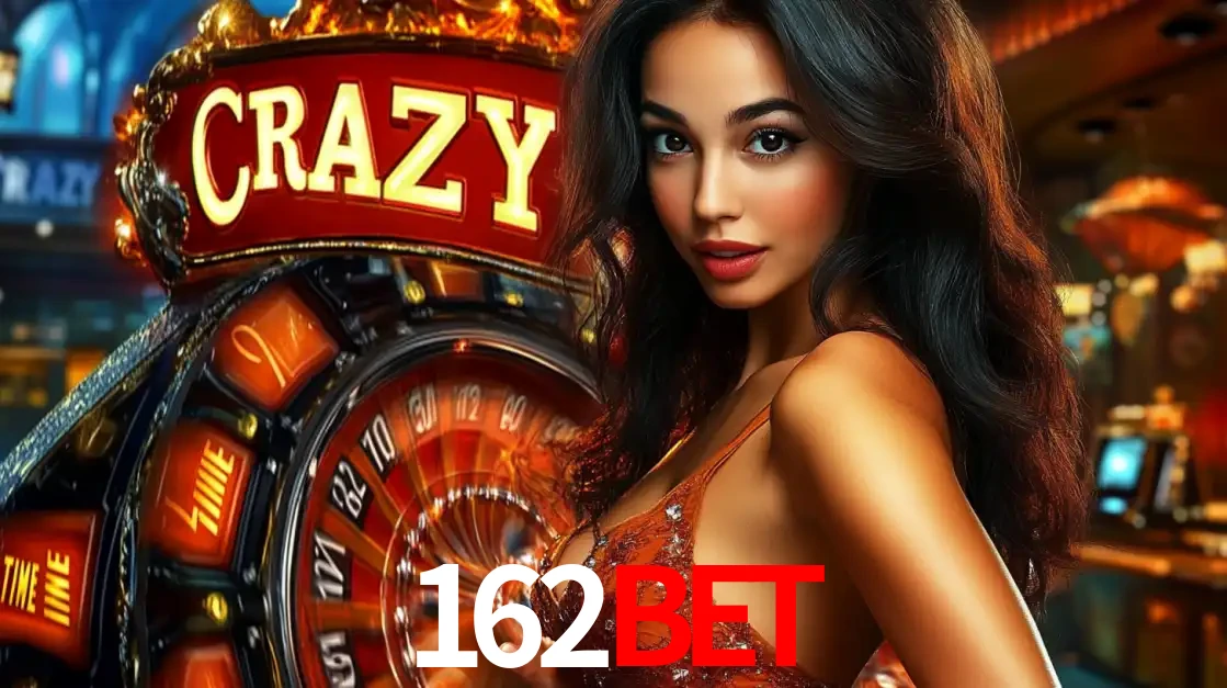 Mulher glamourosa olhando para a câmera com a roda vermelha do Crazy Time ao fundo em um ambiente de cassino, destacando a emoção dos jogos ao vivo no 162BET.