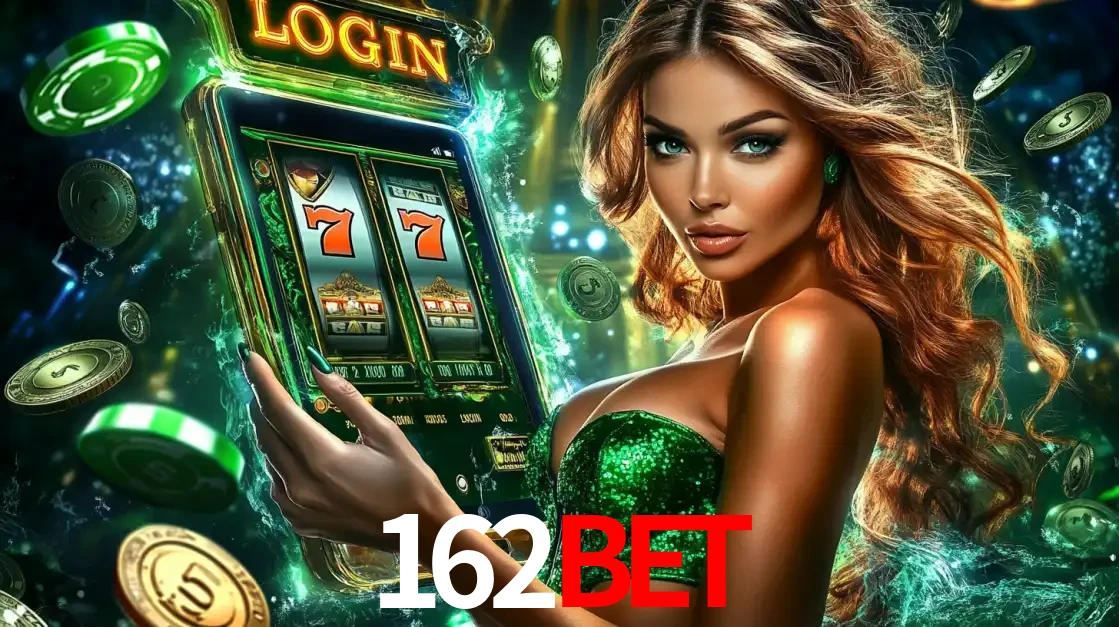 Mulher com tema verde apresentando o aplicativo do cassino 162BET com um jogo de slot de 777, cercada por fichas de cassino e uma aura de sorte.