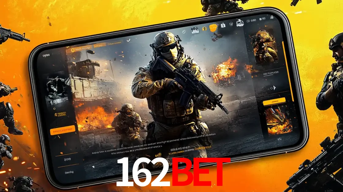 Um smartphone exibindo a interface de um jogo de tiro em primeira pessoa, com um soldado em um cenário de batalha, representando a ação dos e-sports para apostar no 162BET.