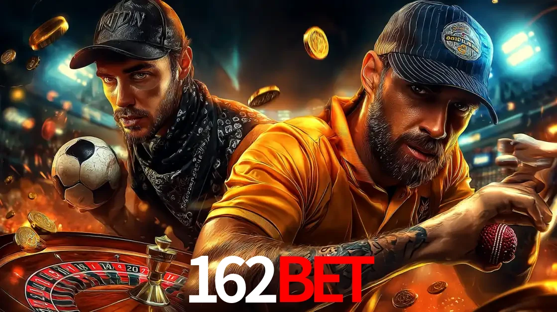 Montagem de apostas esportivas e cassino no 162BET, com um homem segurando uma bola de futebol e outro uma de beisebol sobre uma roleta e moedas voadoras.