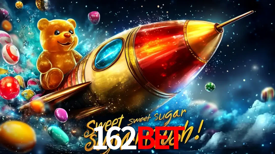 Arte promocional do jogo de slot Sugar Rush, com um urso de pelúcia em um foguete viajando pelo espaço de doces, um dos jogos divertidos disponíveis no cassino 162BET.