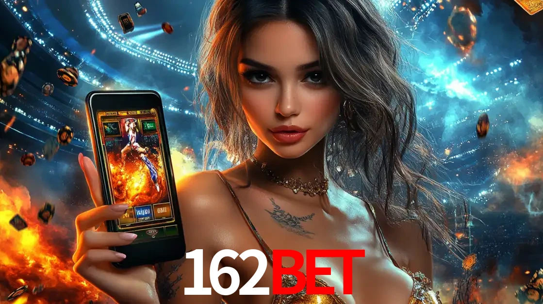 Mulher segurando um celular com um jogo de slot em destaque, tendo como fundo um estádio vibrante, simbolizando a emoção de jogar no cassino móvel 162BET.