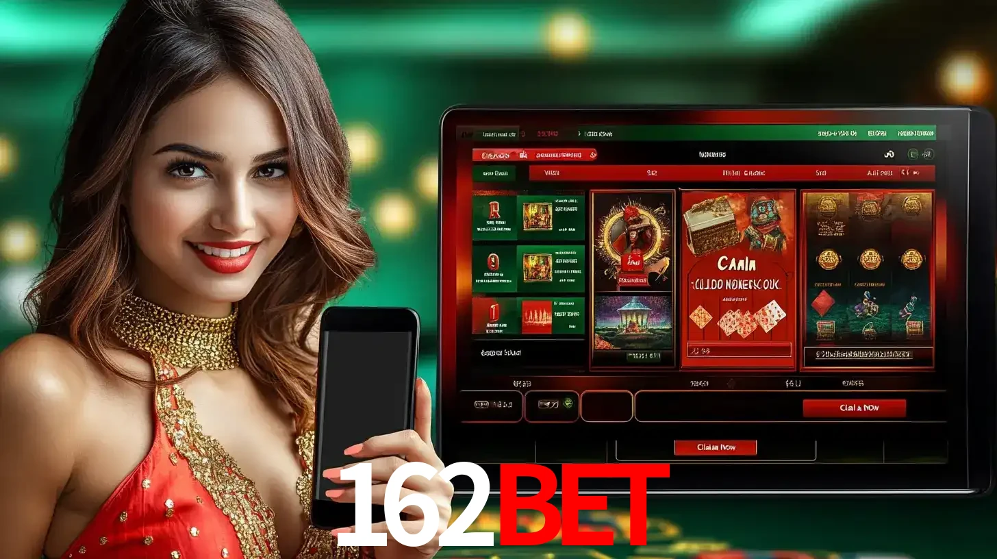Mulher sorridente segurando um smartphone, ao lado de uma tela exibindo o lobby de jogos do cassino online 162BET, com várias opções de jogos de cartas e slots.